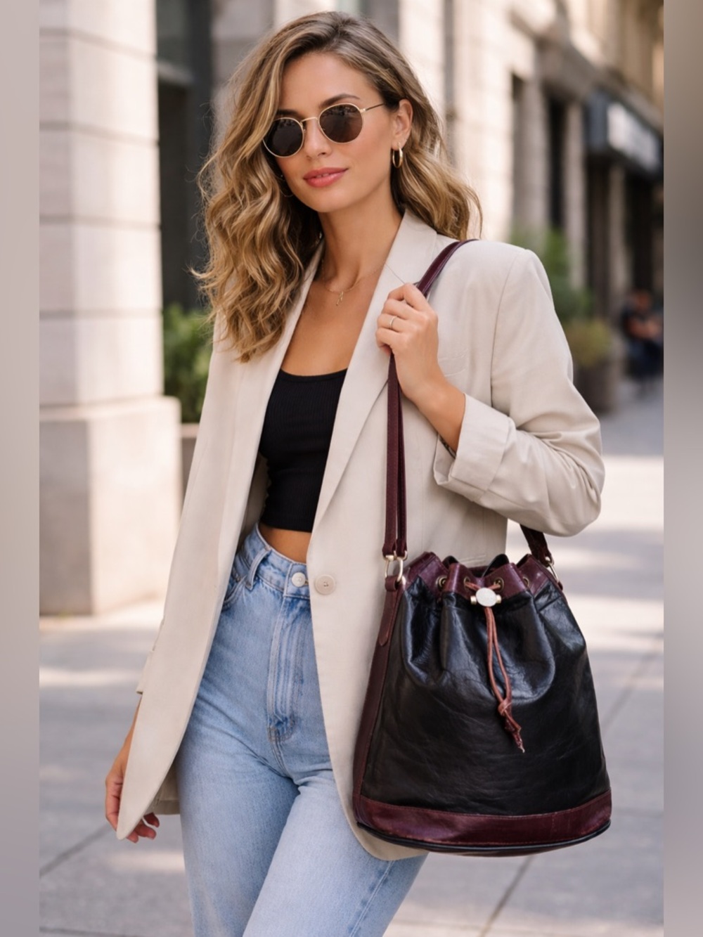 Vintage Canadian Designer Leather Bucket Bag | Black & Burgundy